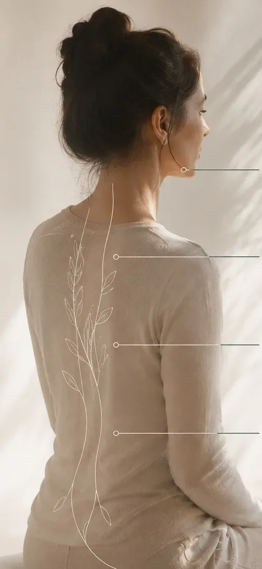 Woman seated with her back to the camera, annotated with the whole-body factors that affect vein health