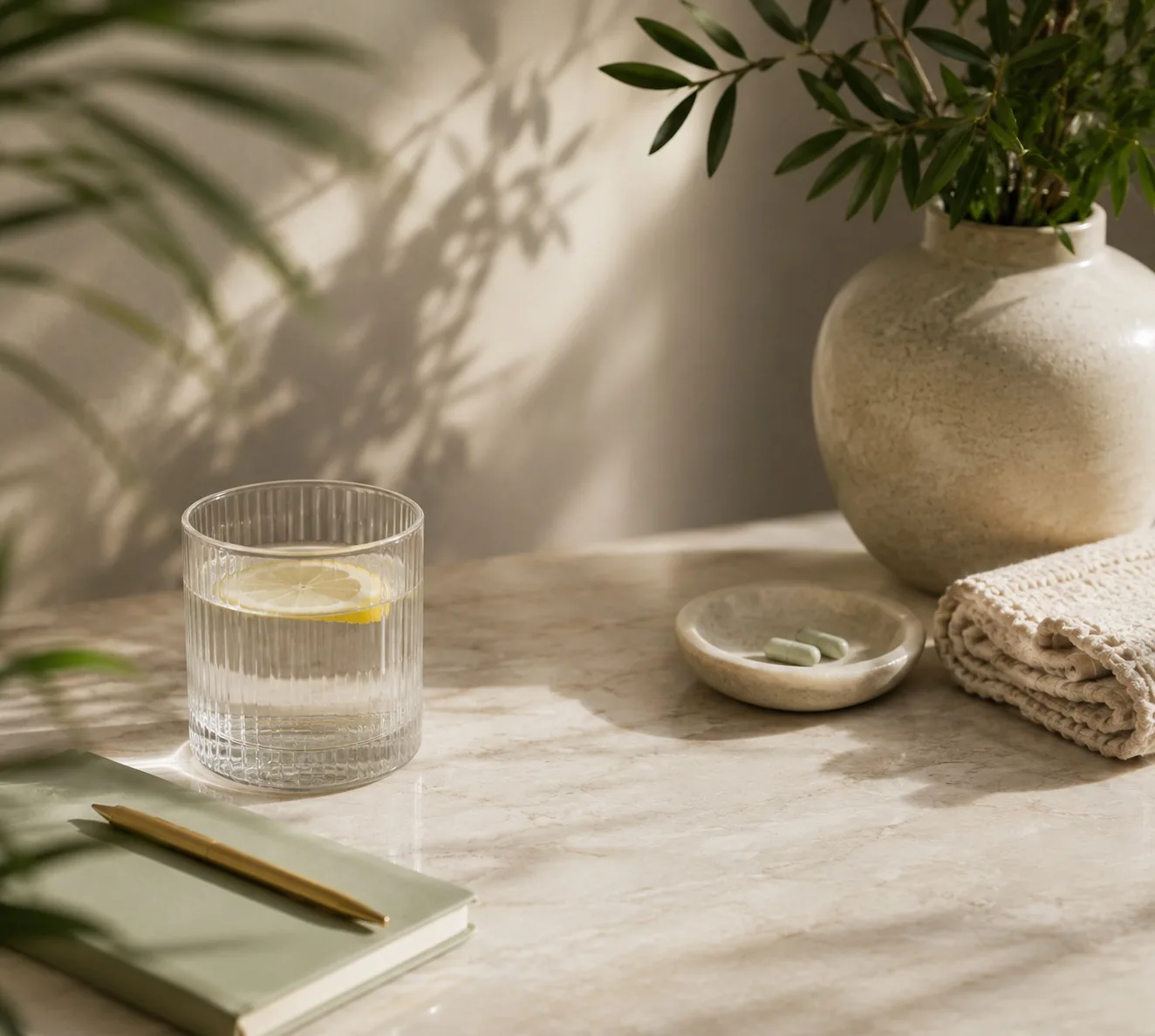 Lemon water, a wellness journal, and a small dish holding two supplement capsules on a marble counter