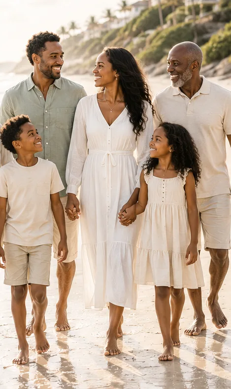 Three generations of a family walking barefoot together along the shoreline on a Northeast Florida beach